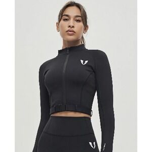 black Firm Abs crop jacket sleek moto-style design Stand Up Collar Waist Belt M